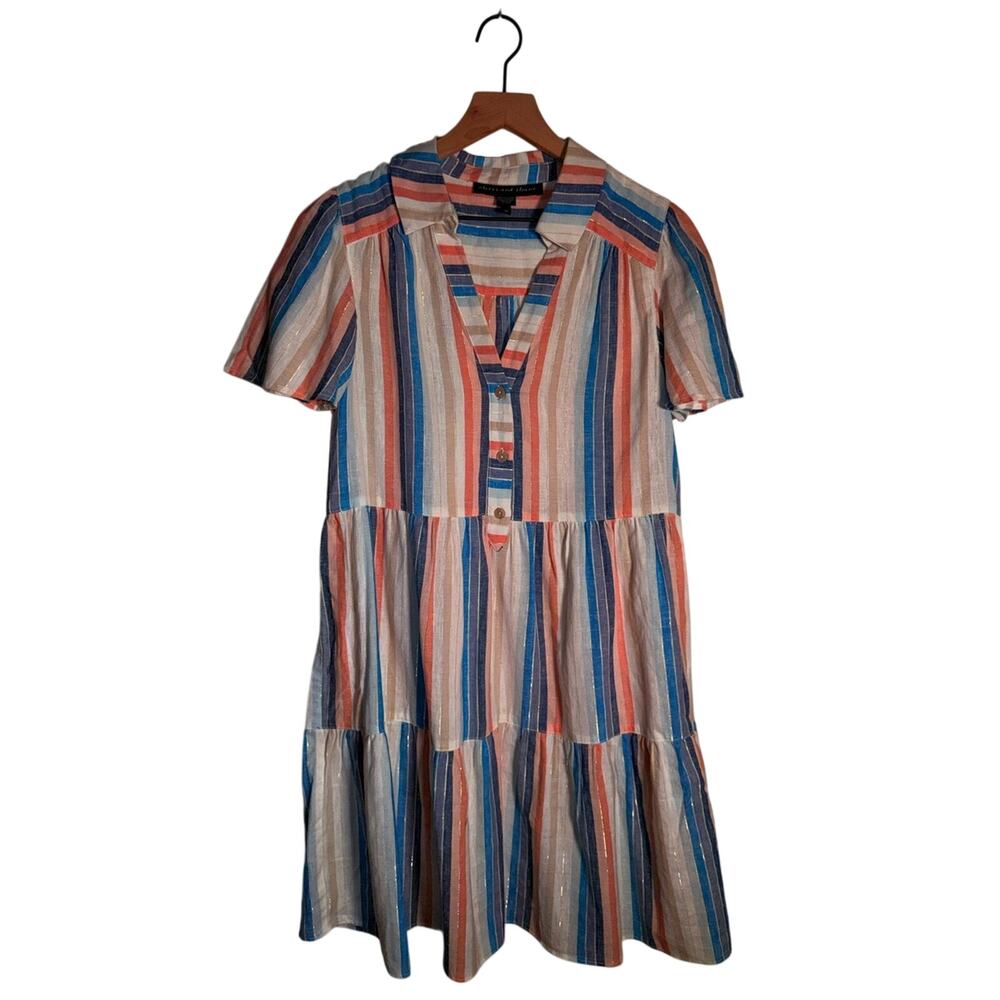 CLOVER AND SLOANE Lightweight Stripe Linen Blend Shirt Dress w Metallic thread M